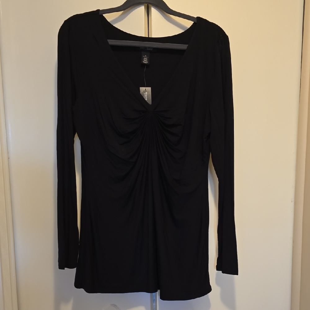WHBM Chic Black Ruched Long Sleeve Top